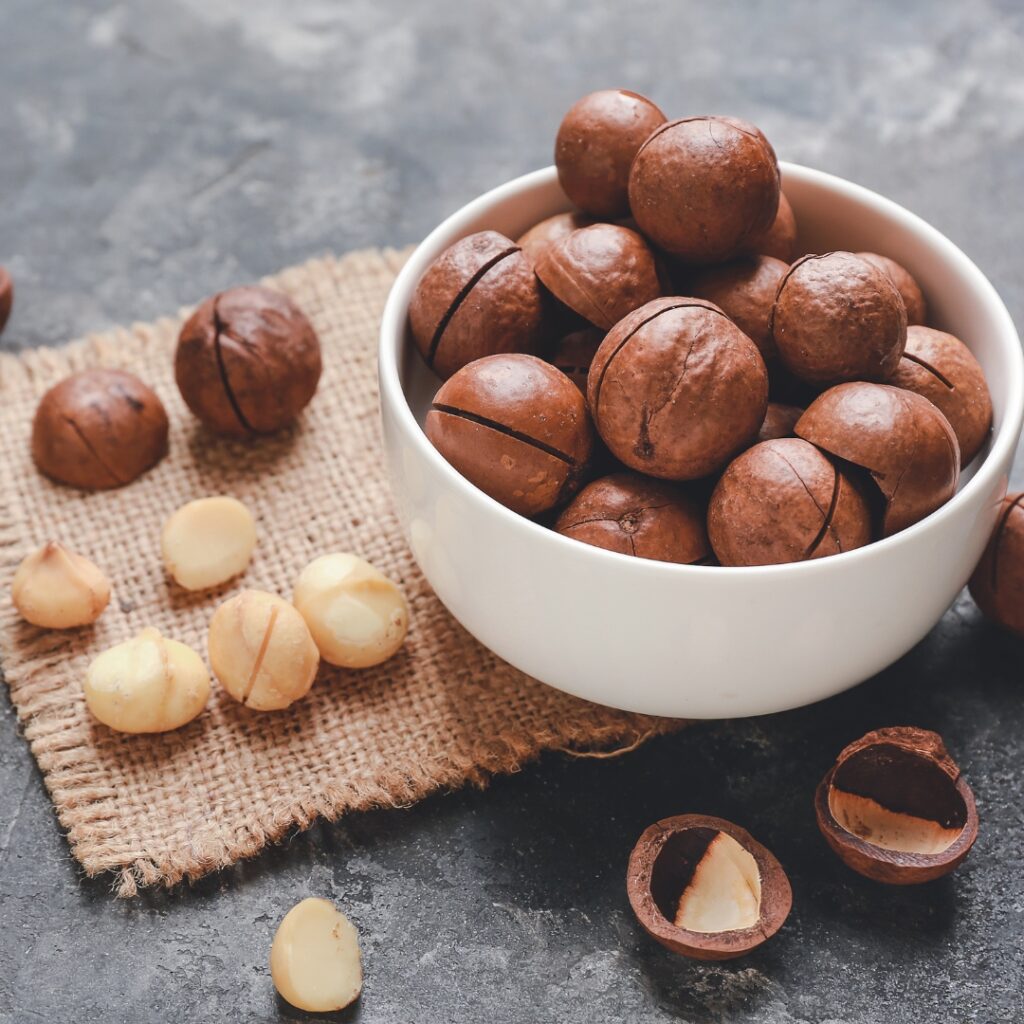 Macadamia nuts in white bowl