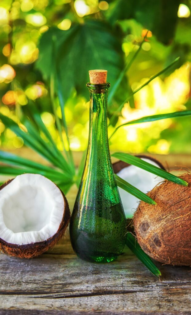 Natural coconut oil in focus bottle
